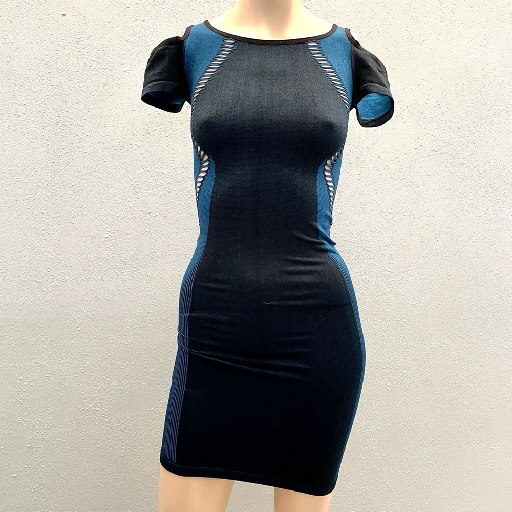 Bebe laser cut detailing short sleeve blue Bodycon dress